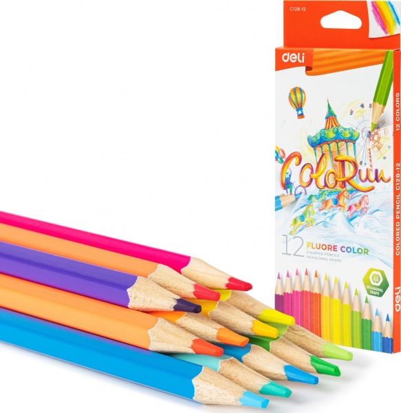картинка Карандаши 12 цветов Deli "ColoRun" шестигранные, коробка, европодвес от магазина "Офисные мелочи"