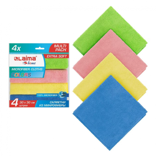 картинка Салфетка микрофибра 30*30 LAIMA "MULTI PRO COLOUR", КОМПЛЕКТ 4 шт., 280 г/м2 от магазина "Офисные мелочи"