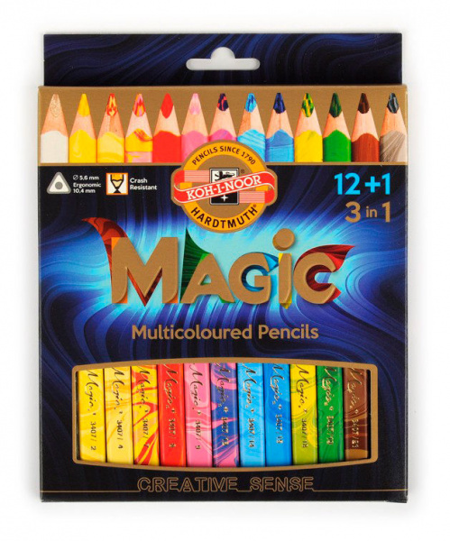 картинка Карандаши 13 цветов Koh-I-Noor "MAGIC 3408" трехгранные, дерево, цветной корпус, коробка от магазина "Офисные мелочи"