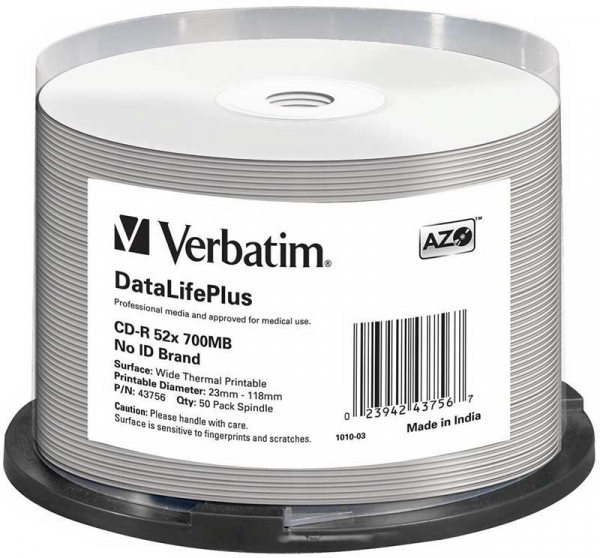картинка Диск CD-R Verbatim 700Mb 52x Cake Box (50 шт) Printable термо от магазина "Офисные мелочи"