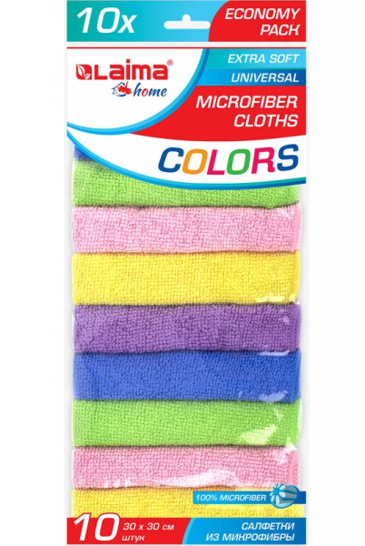 картинка Салфетка микрофибра 30*30 LAIMA HOME "MULTI COLORS ECONOMY PACK 10", КОМПЛЕКТ 10 шт., 180 г/м2 от магазина "Офисные мелочи"