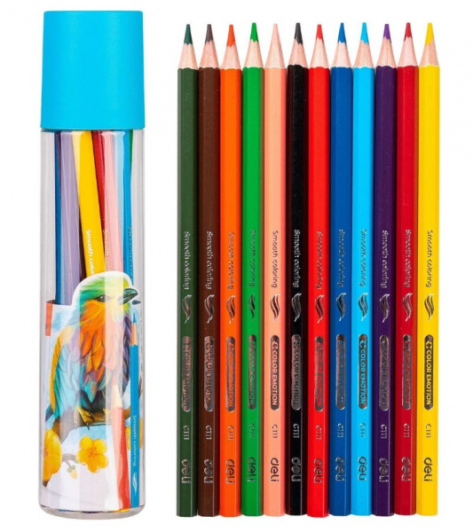 картинка Карандаши 12 цветов Deli "Color Emotion" шестигранные, липа, пластиковый тубус от магазина "Офисные мелочи"