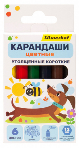 картинка Карандаши JUMBO 6 цветов Silwerhof "Веселые друзья" короткие, шестигранные от магазина "Офисные мелочи"