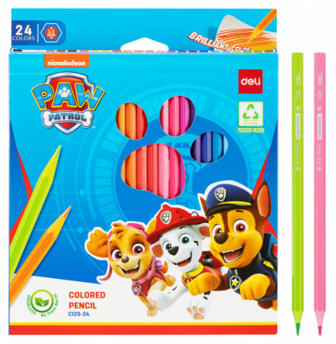 картинка Карандаши пластиковые 24 цвета Deli "Paw Patrol" шестигранные, картонная коробка европодвес от магазина "Офисные мелочи"