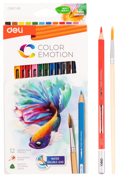 картинка Карандаши акварельные 12 цветов Deli "Color Emotion" липа, металлическая коробка, европодвес от магазина "Офисные мелочи"