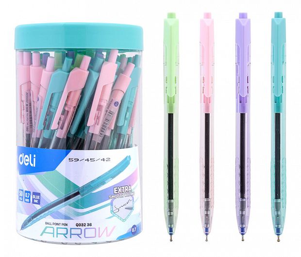 картинка Ручка шариковая автоматическая Deli "Arrow" 0,7 мм. синяя, игольчатый наконечник, корпус в ассортименте, пастель от магазина "Офисные мелочи"