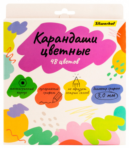 картинка Карандаши 48 цветов Silwerhof шестигранные, дерево 3 мм. европодвес от магазина "Офисные мелочи"