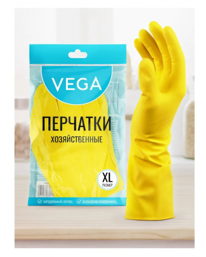 картинка Перчатки резиновые XL с хлопковым напылением Vega желтые от магазина "Офисные мелочи"