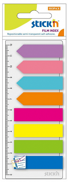 картинка Закладки пластиковые 12*45 8*25 л. неон STICK`N (4 прямоугольные + 4 стрелки) на линейке от магазина "Офисные мелочи"