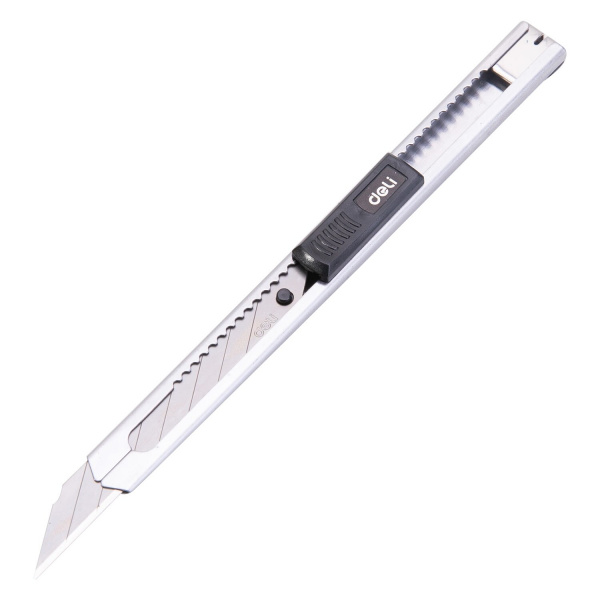 картинка Нож канцелярский 9 мм. Deli "Essential Metal Vivid Mini" сталь серый от магазина "Офисные мелочи"