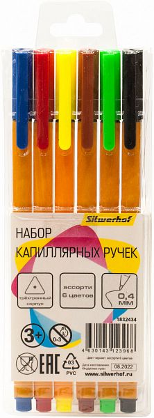 картинка Набор линеров 4 цвета Silwerhof 0,4 мм. игольчатый наконечник, треугольный корпус, европодвес от магазина "Офисные мелочи"