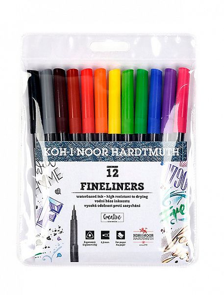 картинка Набор линеров 12 цветов Koh-I-Noor "Fineliners 7021" 0,3 мм. + трафарет от магазина "Офисные мелочи"